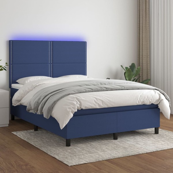 Cama box spring colchón y luces LED tela azul 140x200 cm