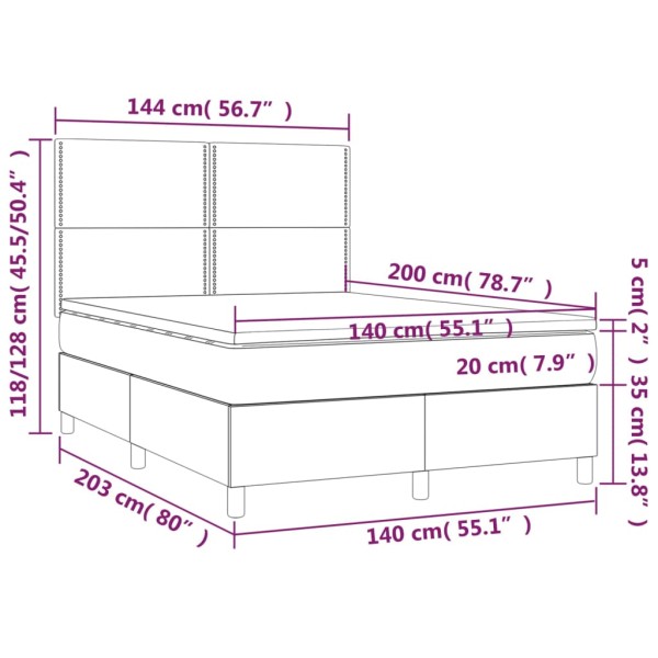 Cama box spring colchón y luces LED tela azul 140x200 cm