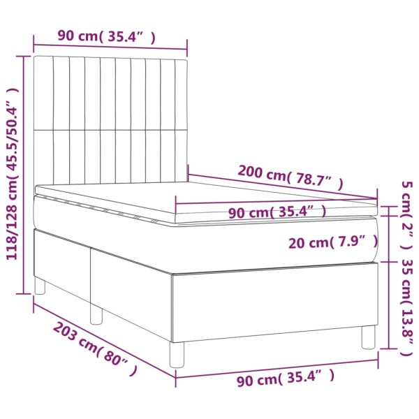 Cama box spring colchón y luces LED tela negro 90x200 cm