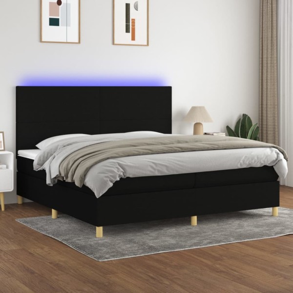 Cama box spring colchón y luces LED tela negro 200x200 cm