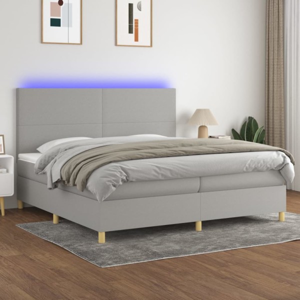 Cama box spring con colchón tela y LED gris claro 200x200 cm