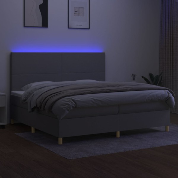 Cama box spring con colchón tela y LED gris claro 200x200 cm