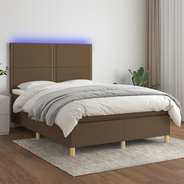 Cama box spring colchón luces LED tela marrón oscuro 140x200cm