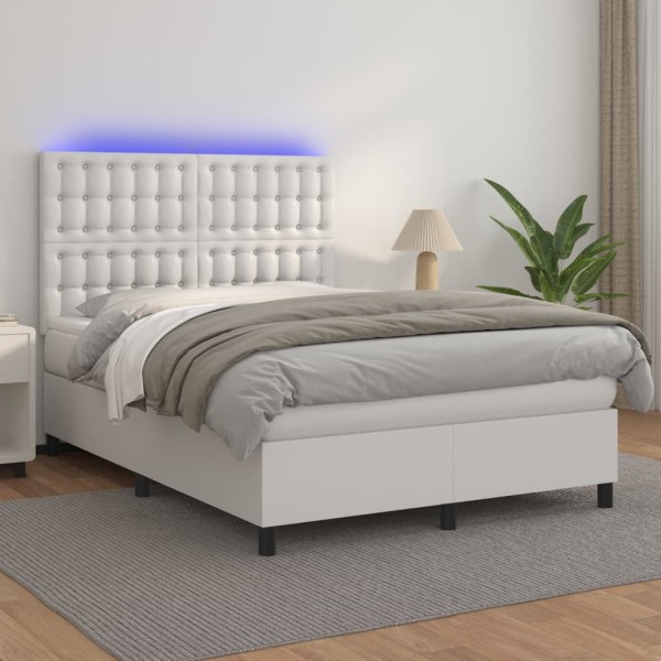 Cama box spring colchón y LED cuero sintético blanco 140x190 cm