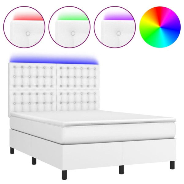 Cama box spring colchón y LED cuero sintético blanco 140x190 cm