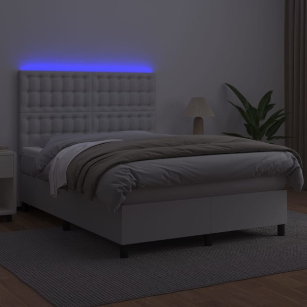 Cama box spring colchón y LED cuero sintético blanco 140x190 cm