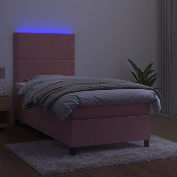 Cama box spring colchón y LED terciopelo rosa 100x200 cm