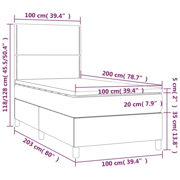 Cama box spring colchón y LED terciopelo rosa 100x200 cm