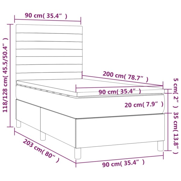 Cama box spring colchón y LED terciopelo gris oscuro 90x200 cm