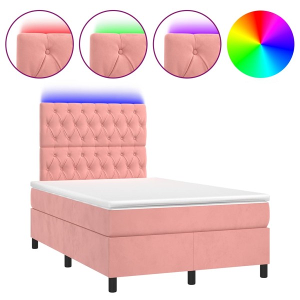 Cama box spring colchón y LED terciopelo rosa 120x200 cm