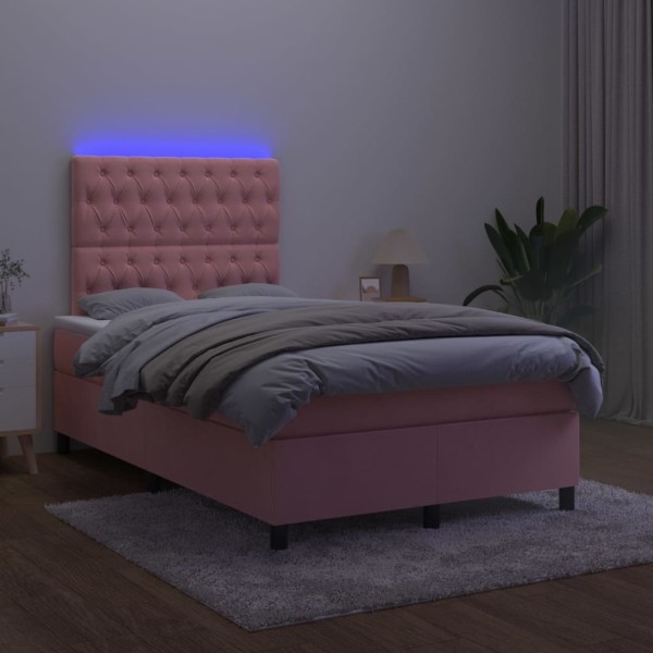 Cama box spring colchón y LED terciopelo rosa 120x200 cm