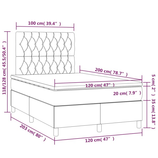 Cama box spring colchón y LED terciopelo gris claro 120x200 cm