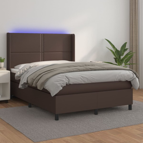 Cama box spring colchón y LED cuero sintético marrón 140x190 cm