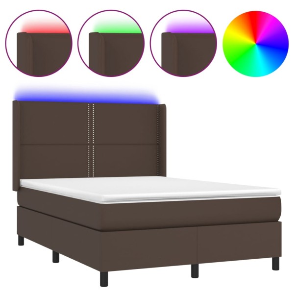 Cama box spring colchón y LED cuero sintético marrón 140x190 cm