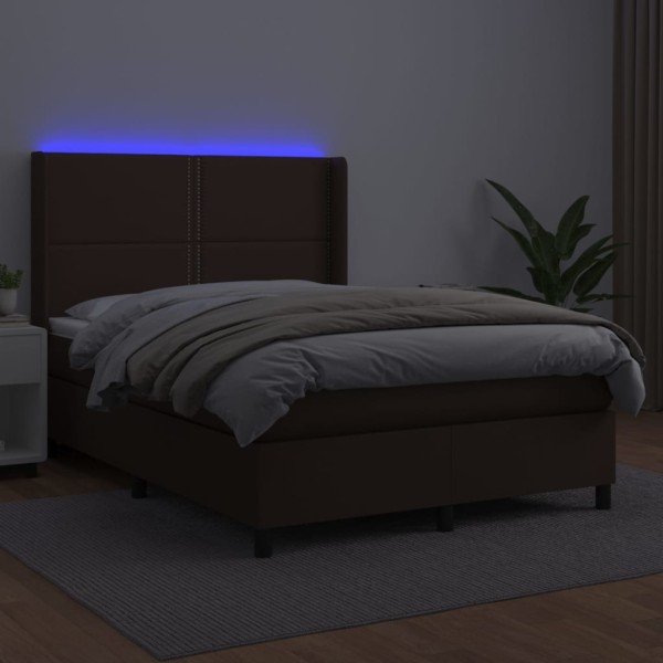 Cama box spring colchón y LED cuero sintético marrón 140x190 cm