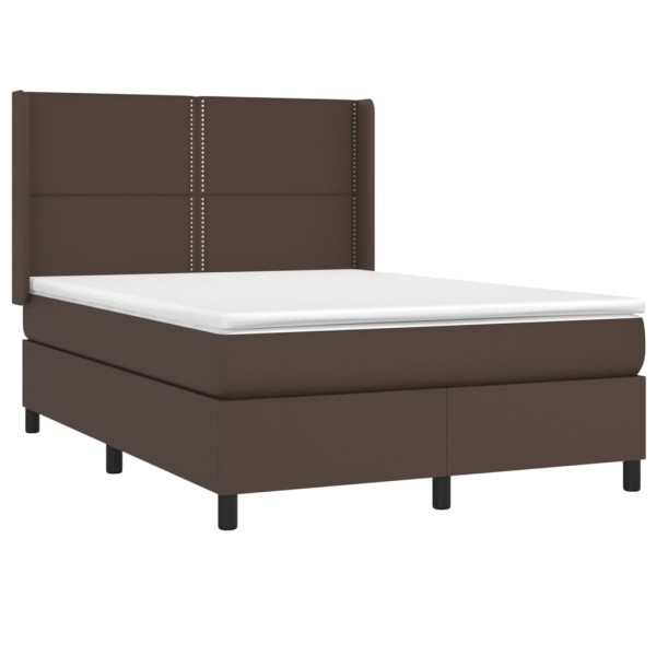 Cama box spring colchón y LED cuero sintético marrón 140x190 cm