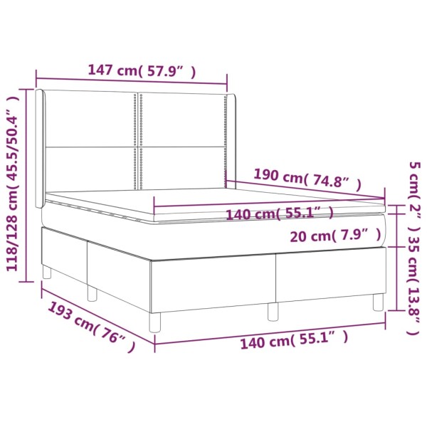 Cama box spring colchón y LED cuero sintético marrón 140x190 cm