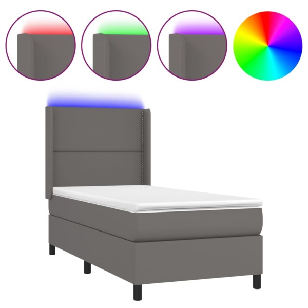 Cama box spring y colchón LED cuero sintético gris 90x190 cm