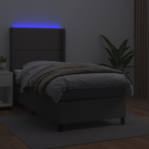 Cama box spring y colchón LED cuero sintético gris 90x190 cm