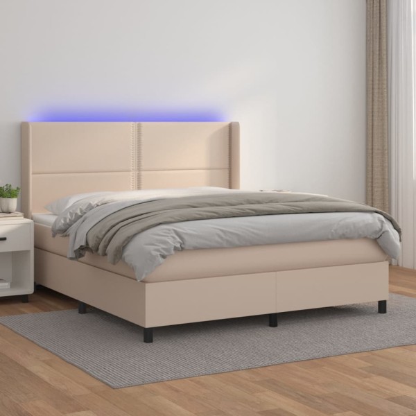 Cama box spring colchón LED cuero sintético capuchino 160x200cm