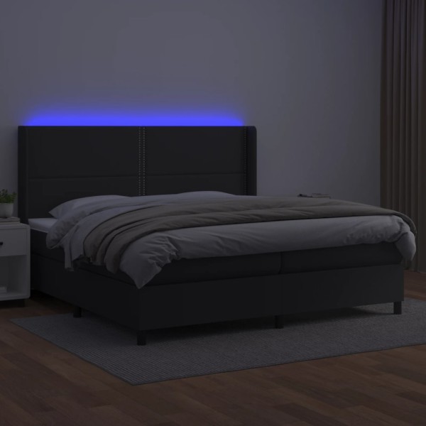 Cama box spring colchón y LED cuero sintético negro 200x200 cm