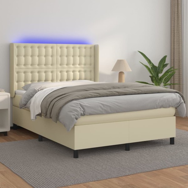 Cama box spring colchón y LED cuero sintético crema 140x190 cm