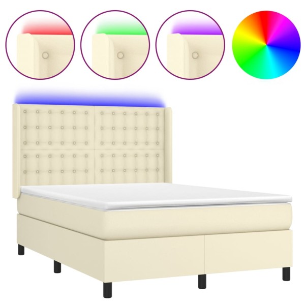 Cama box spring colchón y LED cuero sintético crema 140x190 cm