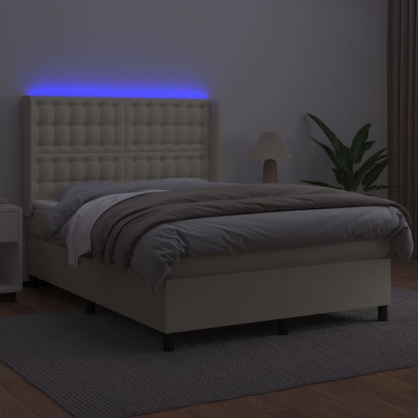 Cama box spring colchón y LED cuero sintético crema 140x190 cm