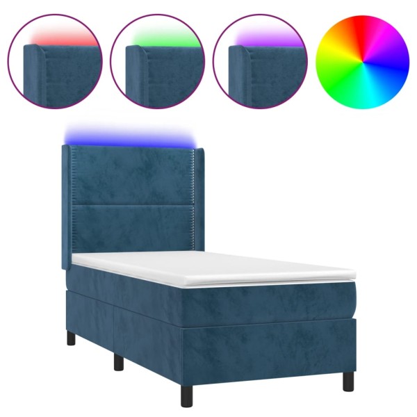 Cama box spring colchón y LED terciopelo azul oscuro 90x190 cm