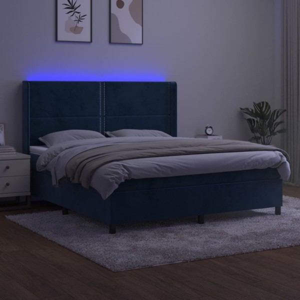 Cama box spring colchón y LED terciopelo azul oscuro 180x200 cm