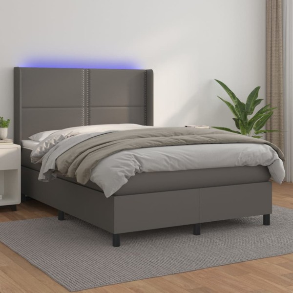 Cama box spring colchón y LED cuero sintético gris 140x200 cm