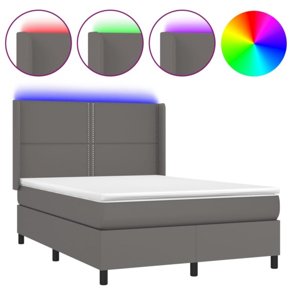 Cama box spring colchón y LED cuero sintético gris 140x200 cm