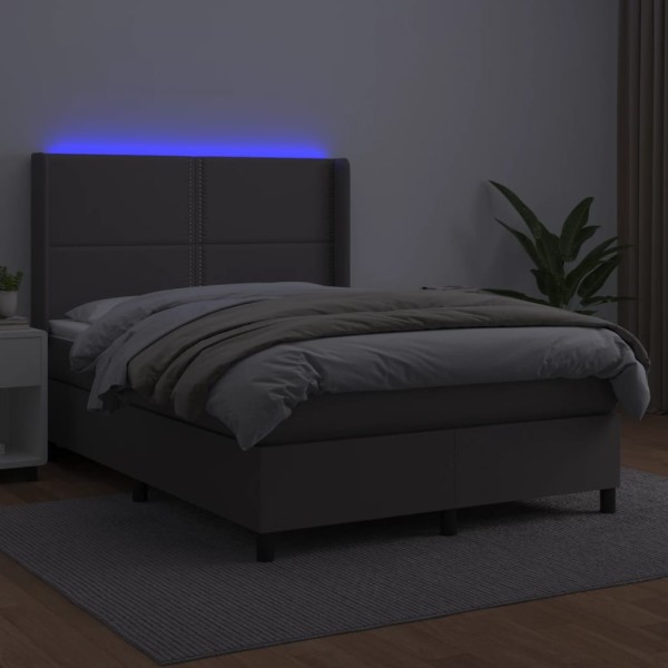 Cama box spring colchón y LED cuero sintético gris 140x200 cm