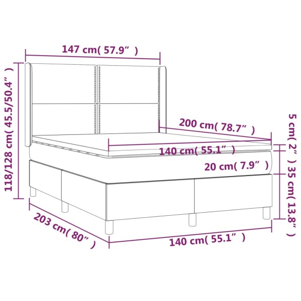 Cama box spring colchón y LED cuero sintético gris 140x200 cm