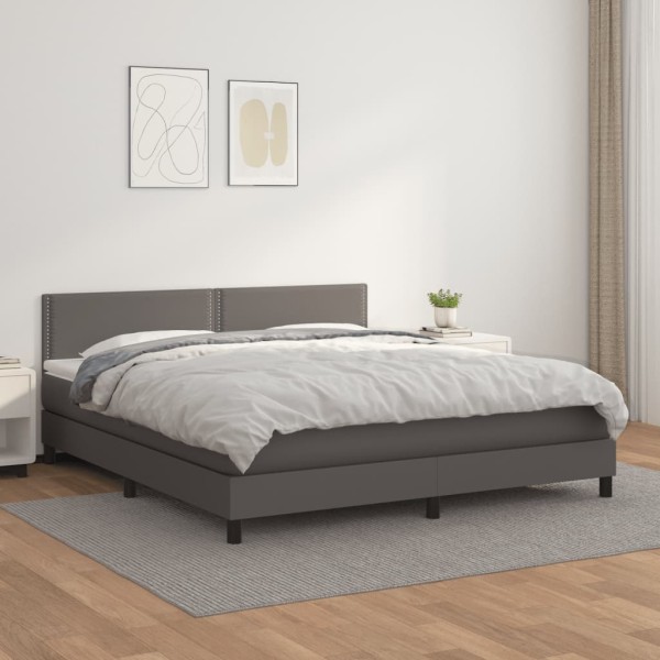 Cama box spring con colchón cuero sintético gris 160x200 cm