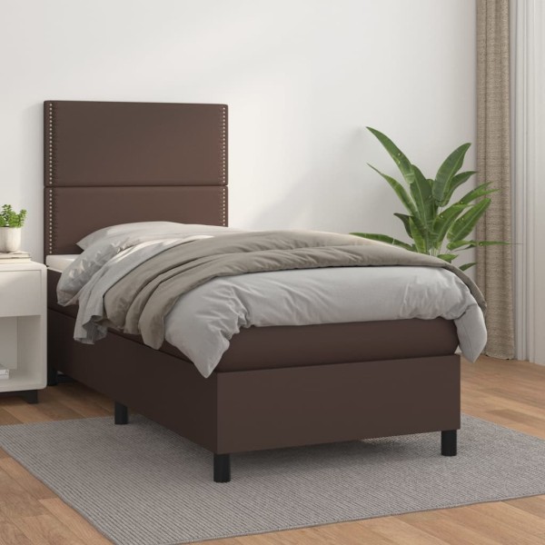 Cama box spring con colchón cuero sintético marrón 100x200 cm