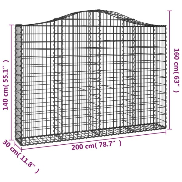 Cestas de gaviones 2 uds forma de arco hierro 200x30x140/160 cm