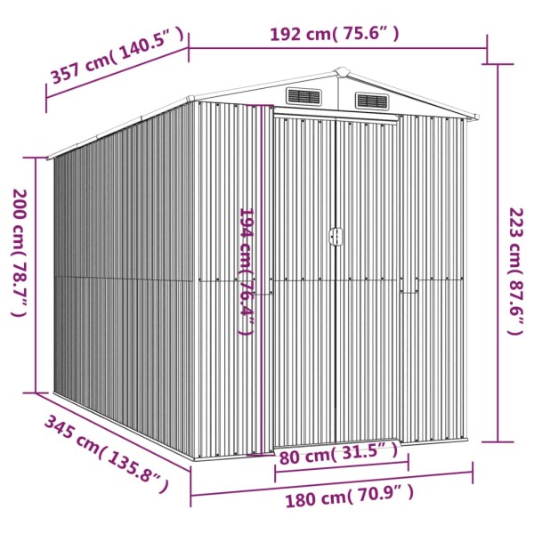 Cobertizo de jardín acero galvanizado gris claro 192x357x223 cm