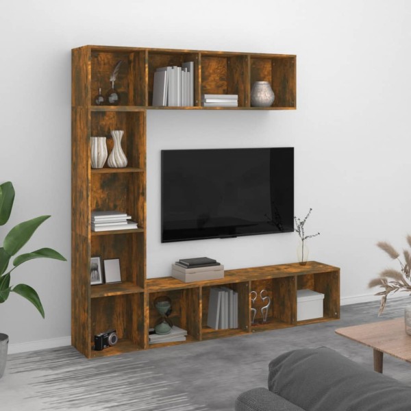 Set de estanteria/mueble TV 3 pzas roble ahumado 180x30x180 cm