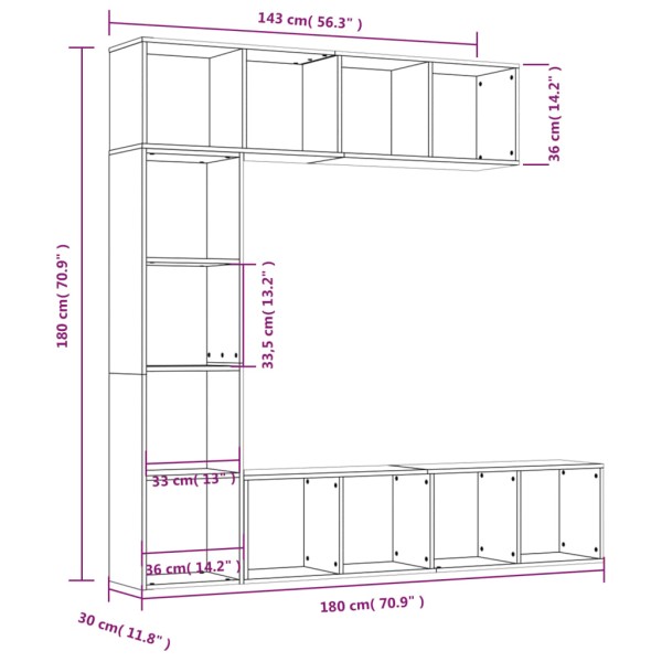 Set de estanteria/mueble TV 3 pzas roble ahumado 180x30x180 cm