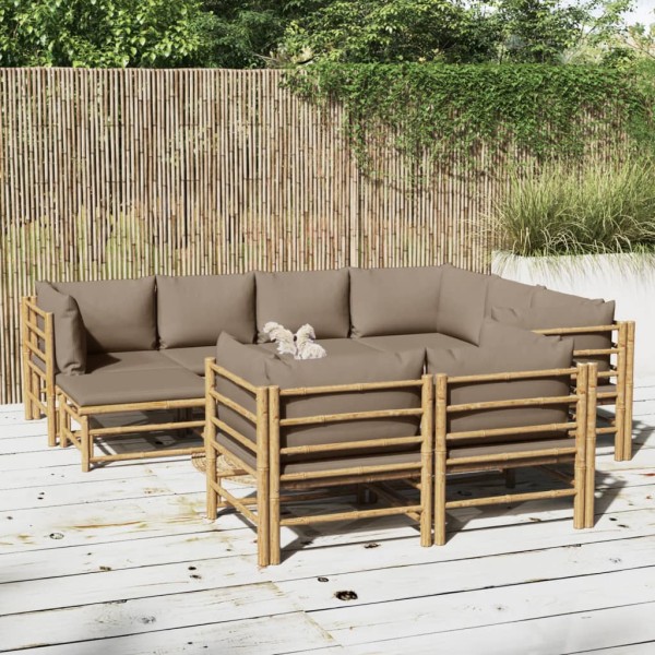 Set de muebles de jardín 10 piezas bambú y cojines gris taupé