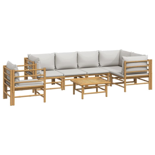 Set de muebles de jardín 7 piezas bambú y cojines gris claro