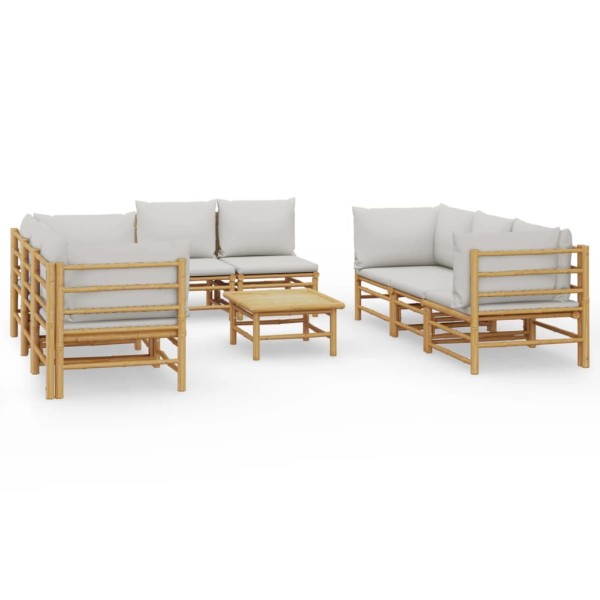 Set de muebles de jardín 9 piezas bambú y cojines gris claro