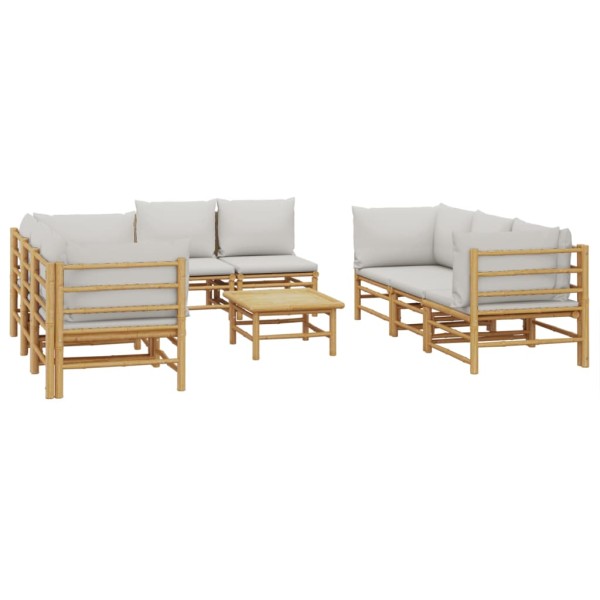 Set de muebles de jardín 9 piezas bambú y cojines gris claro