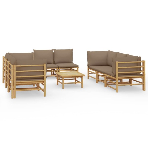 Set de muebles de jardín 9 piezas bambú y cojines gris taupé