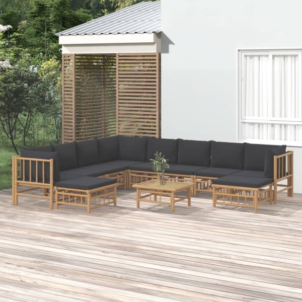 Set de muebles de jardín 11 pzas bambú con cojines gris oscuro