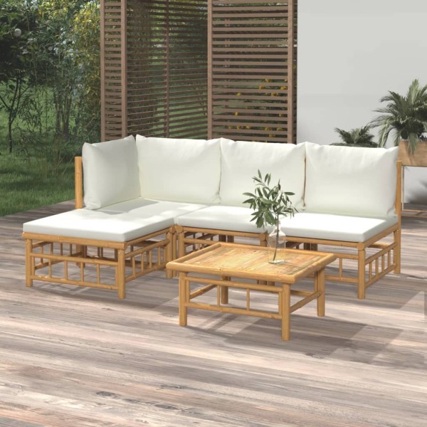 Set de muebles de jardín 5 piezas bambú y cojines blanco crema