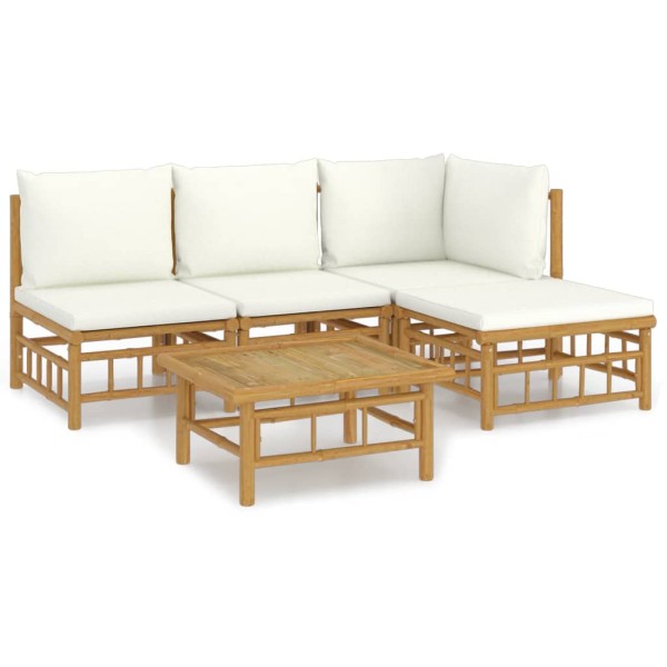 Set de muebles de jardín 5 piezas bambú y cojines blanco crema