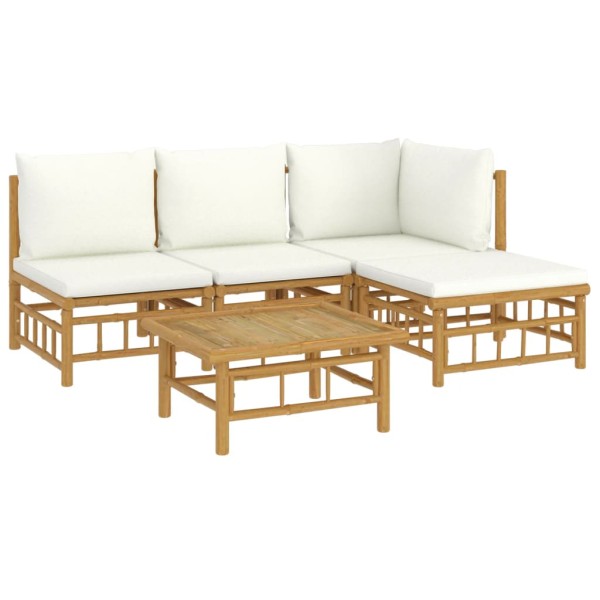 Set de muebles de jardín 5 piezas bambú y cojines blanco crema