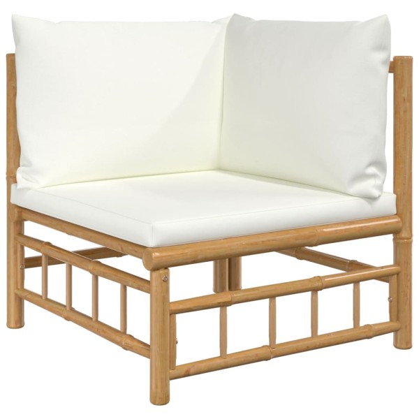 Set de muebles de jardín 5 piezas bambú y cojines blanco crema